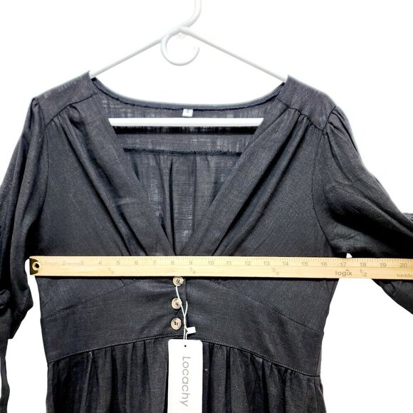 LocachyBuffalo Black womens Mariposa V Neck Button Front Dress Linen Size S - Picture 12 of 16